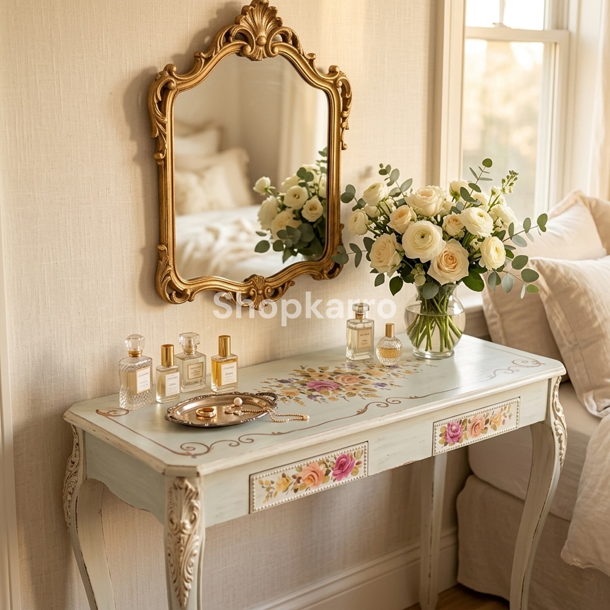 Hand-painted rose artwork on white console table top — Shopkarro