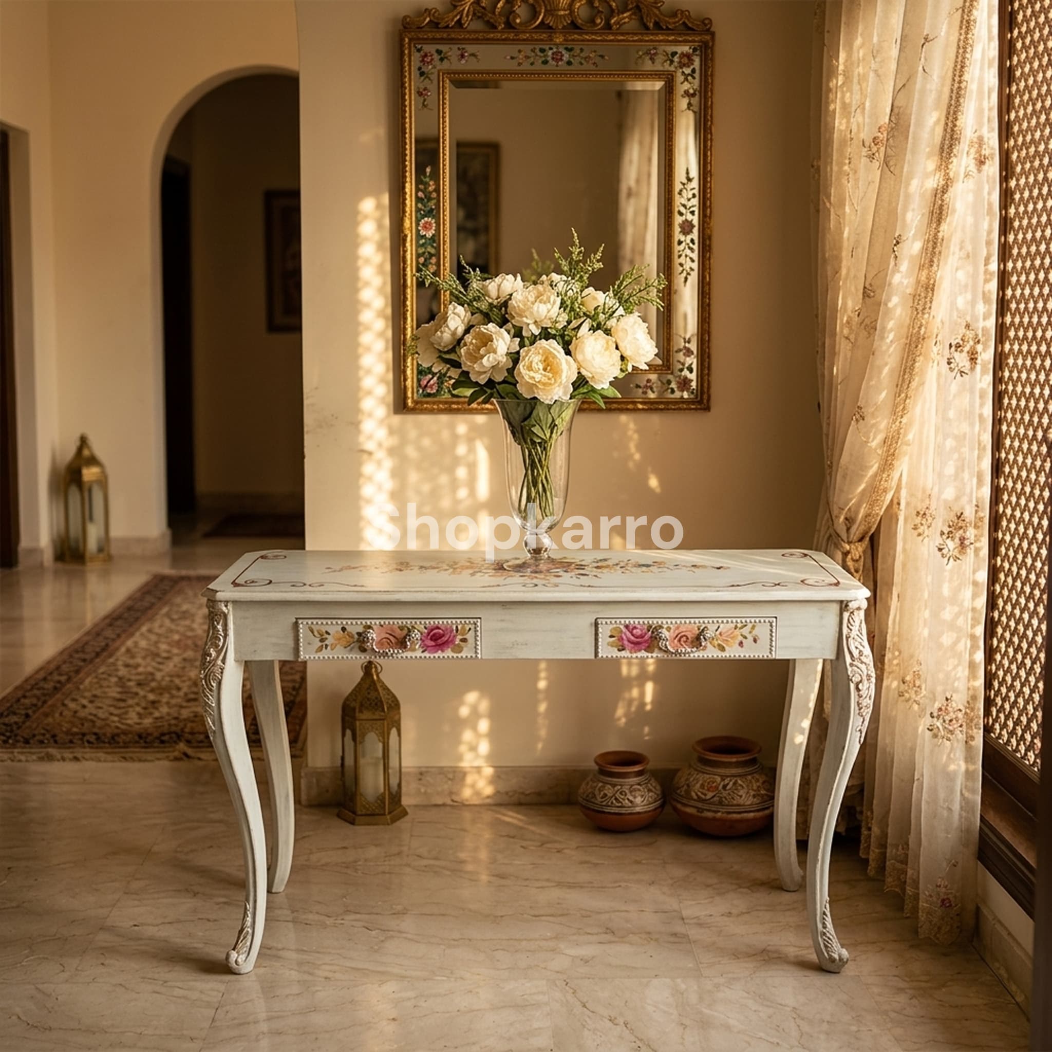 White floral console with 2 drawers keekar wood furniture Pakistan