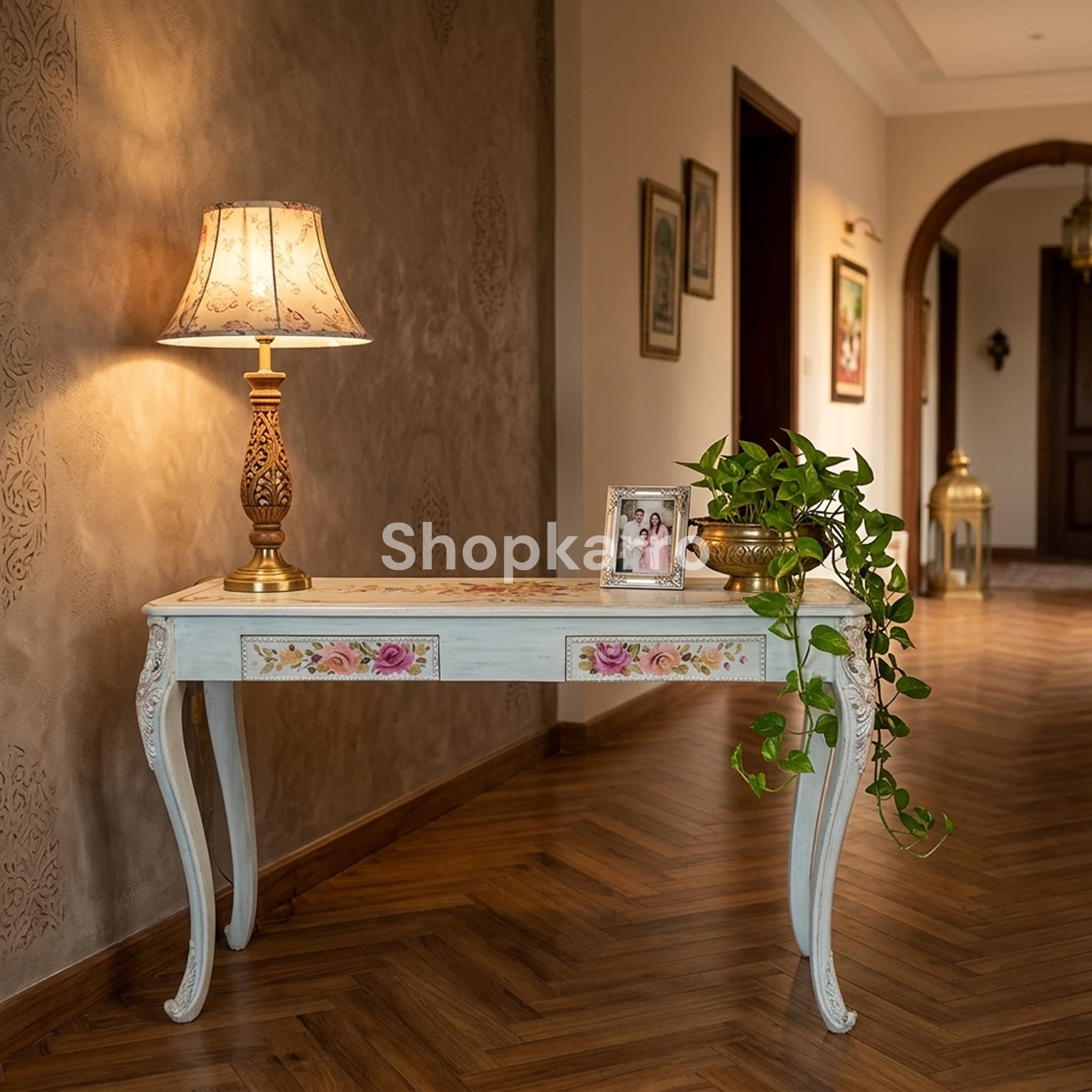 Bloom Canvas Console styled in living room entryway Pakistan