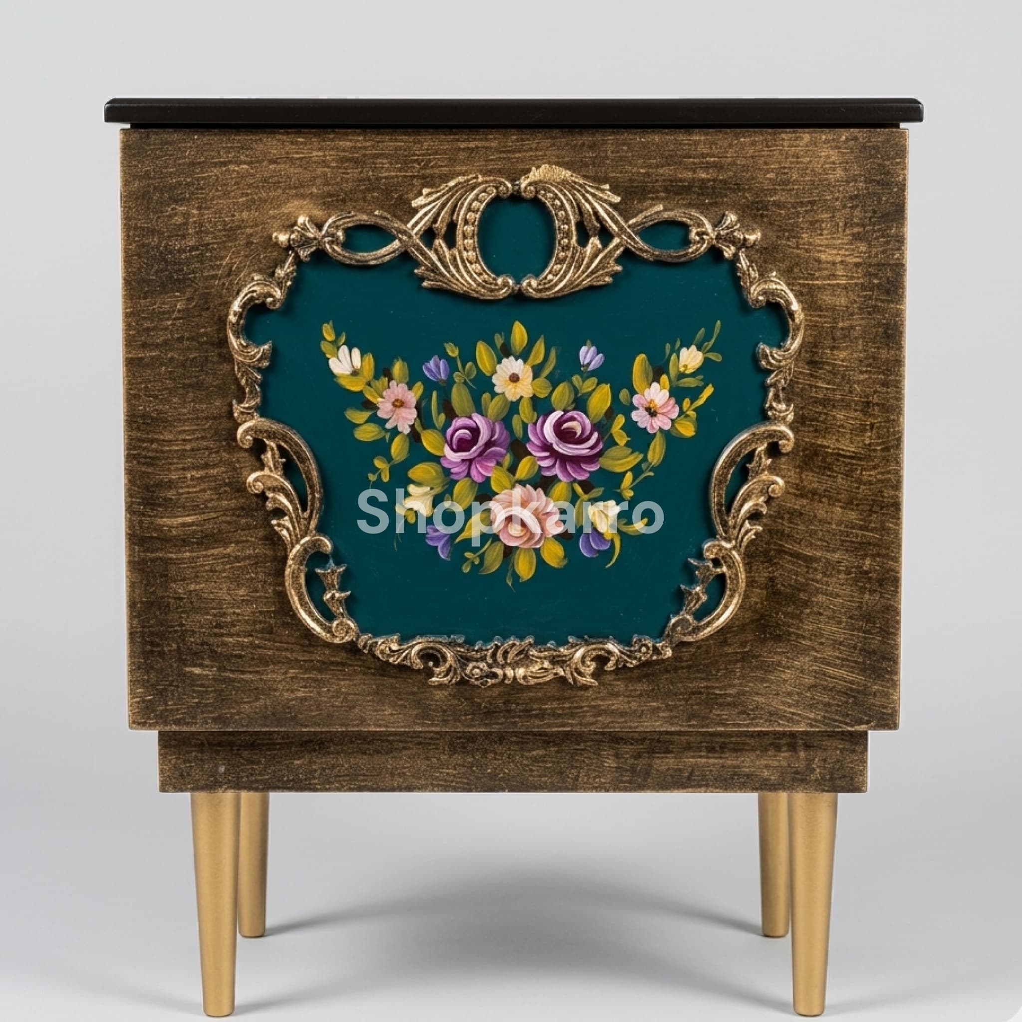 "Front view of Majestic Floral prayer box featuring turquoise and golden hand-painted flowers on black wood with tapered legs"