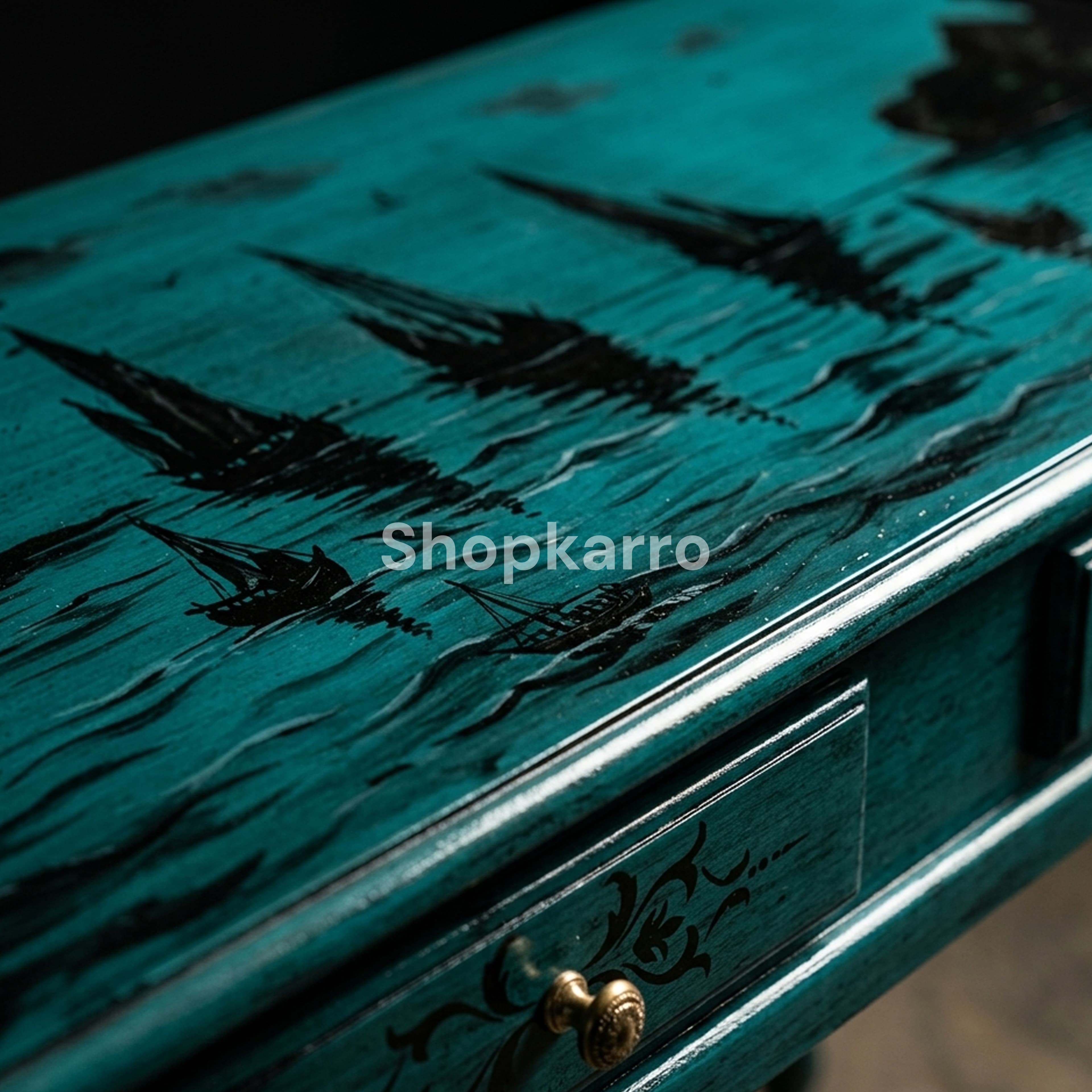 Close-up lacquer finish hand-painted teal console Shopkarro