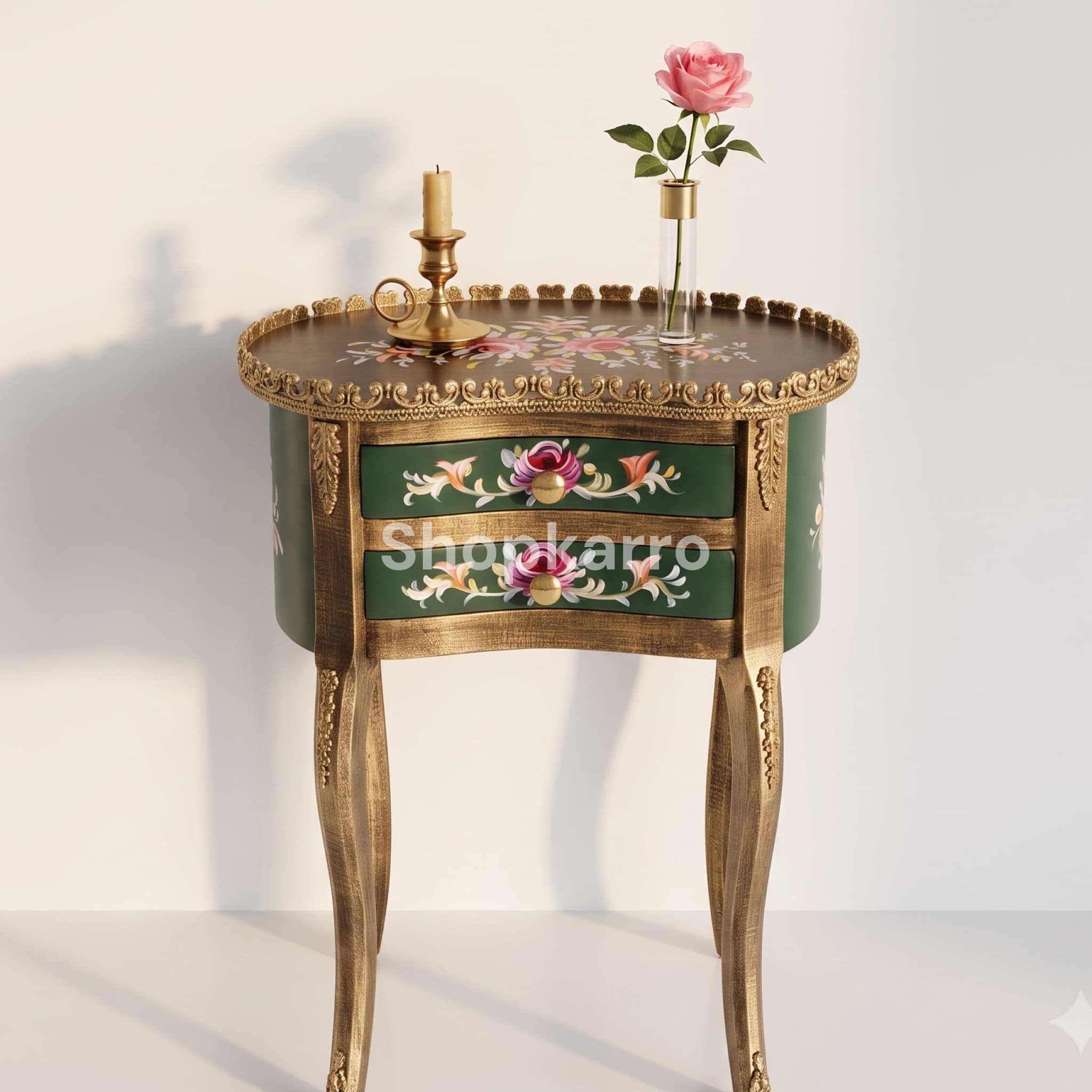 Rose Vellay Wooden Table against clean white wall with soft shadow and minimal styling