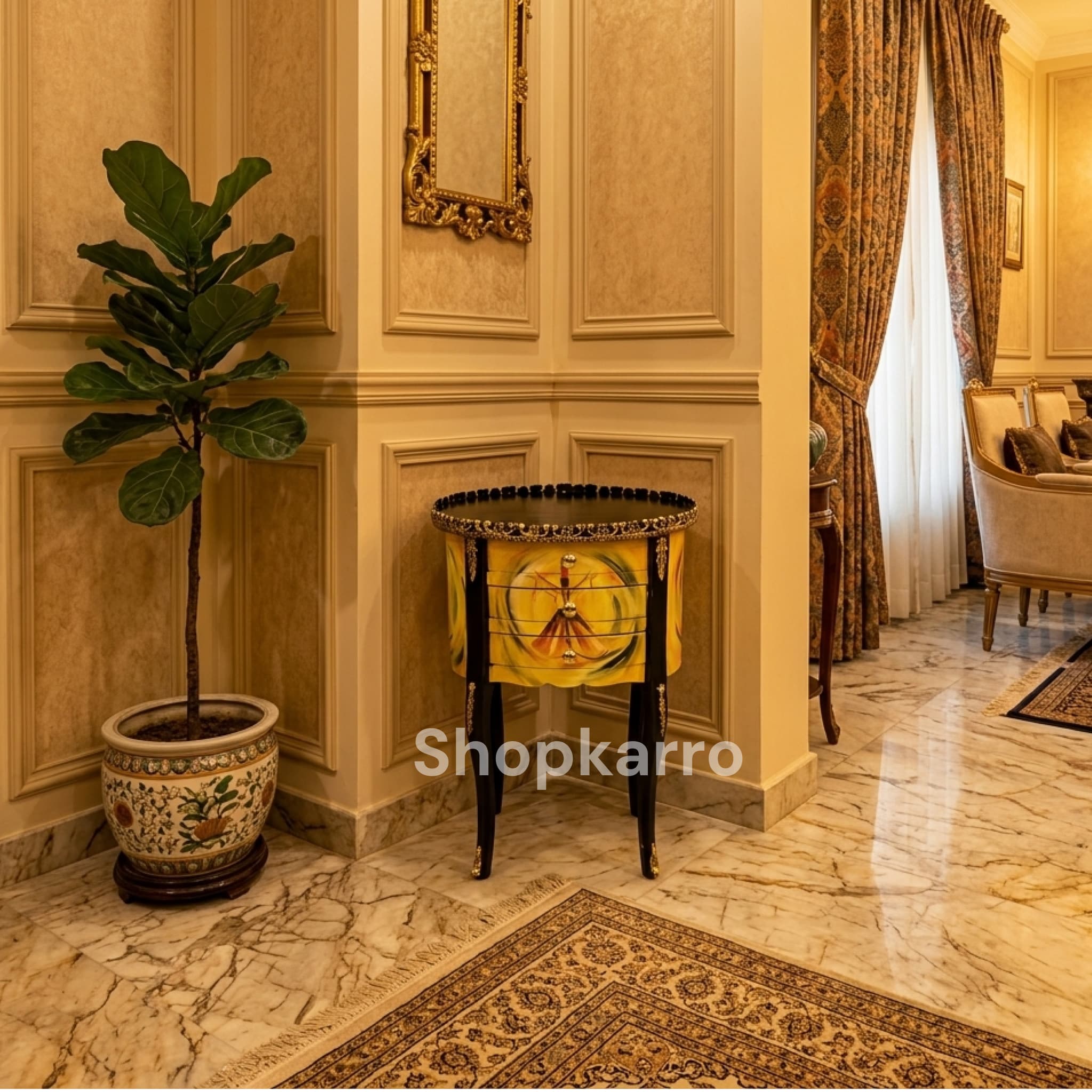 Sufi Grace Wooden Table with hand-painted Whirling Dervish art on vibrant yellow body and gold scalloped border, Pakistan