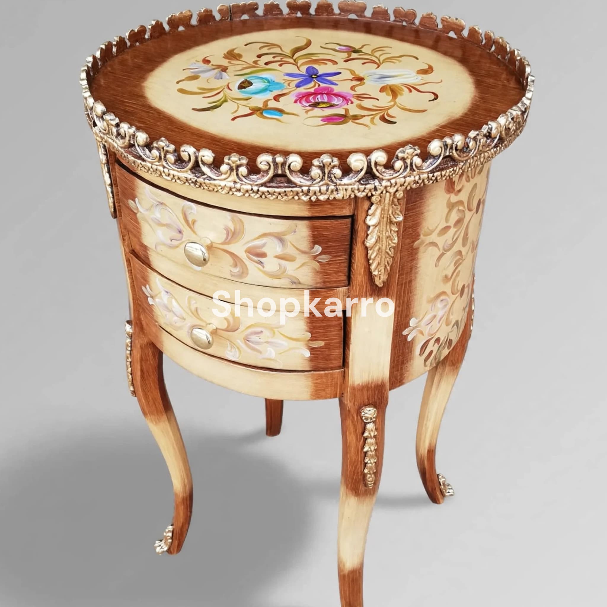 Angled view of Victorian Meadow Wooden Table showing circular body depth and side profile