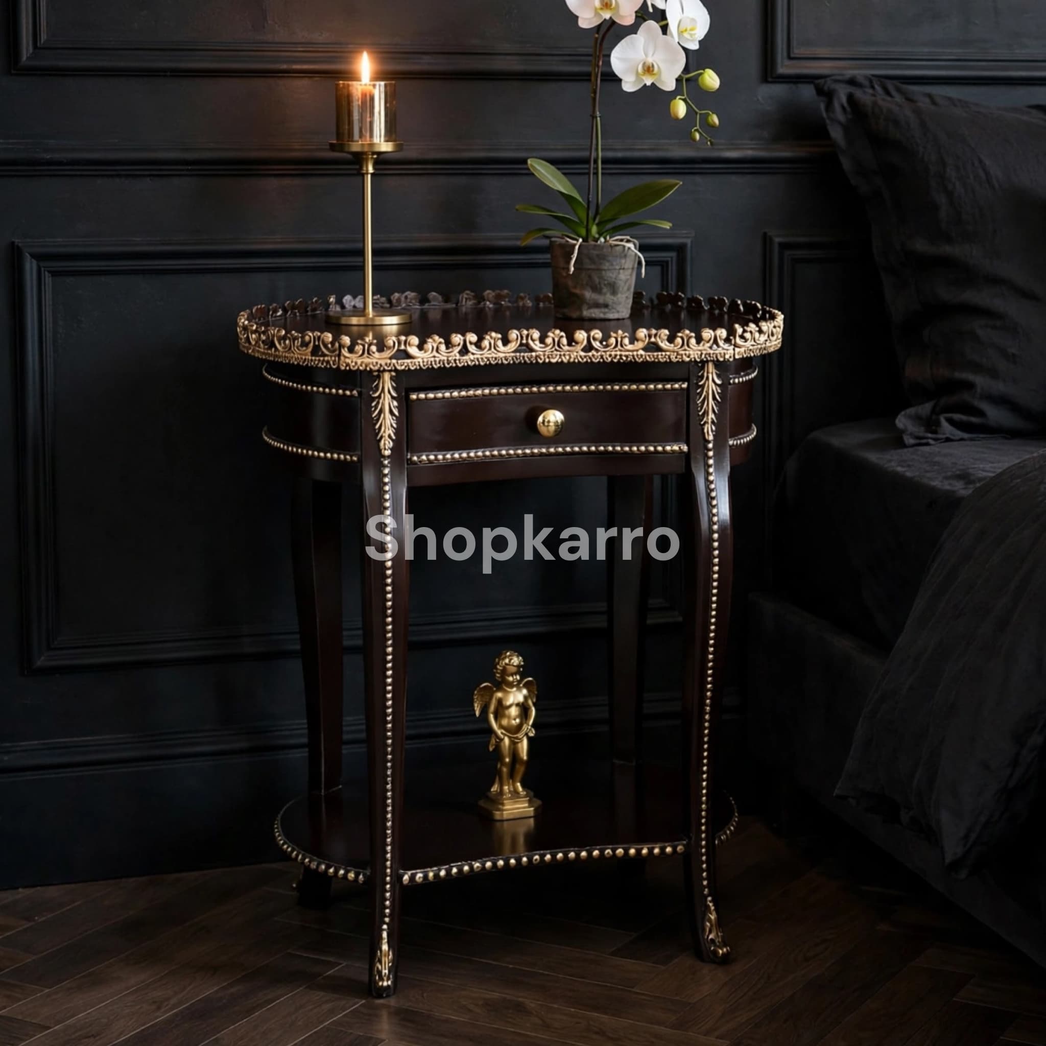 Majestic Crown Wooden Table against clean white wall with minimal styling and soft shadow