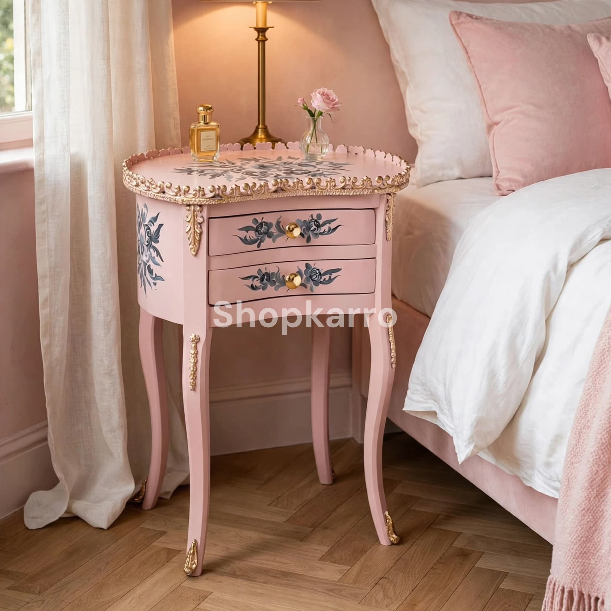 Front view of Pink Flora Wooden Table on gray background showing full pink body and grey floral art