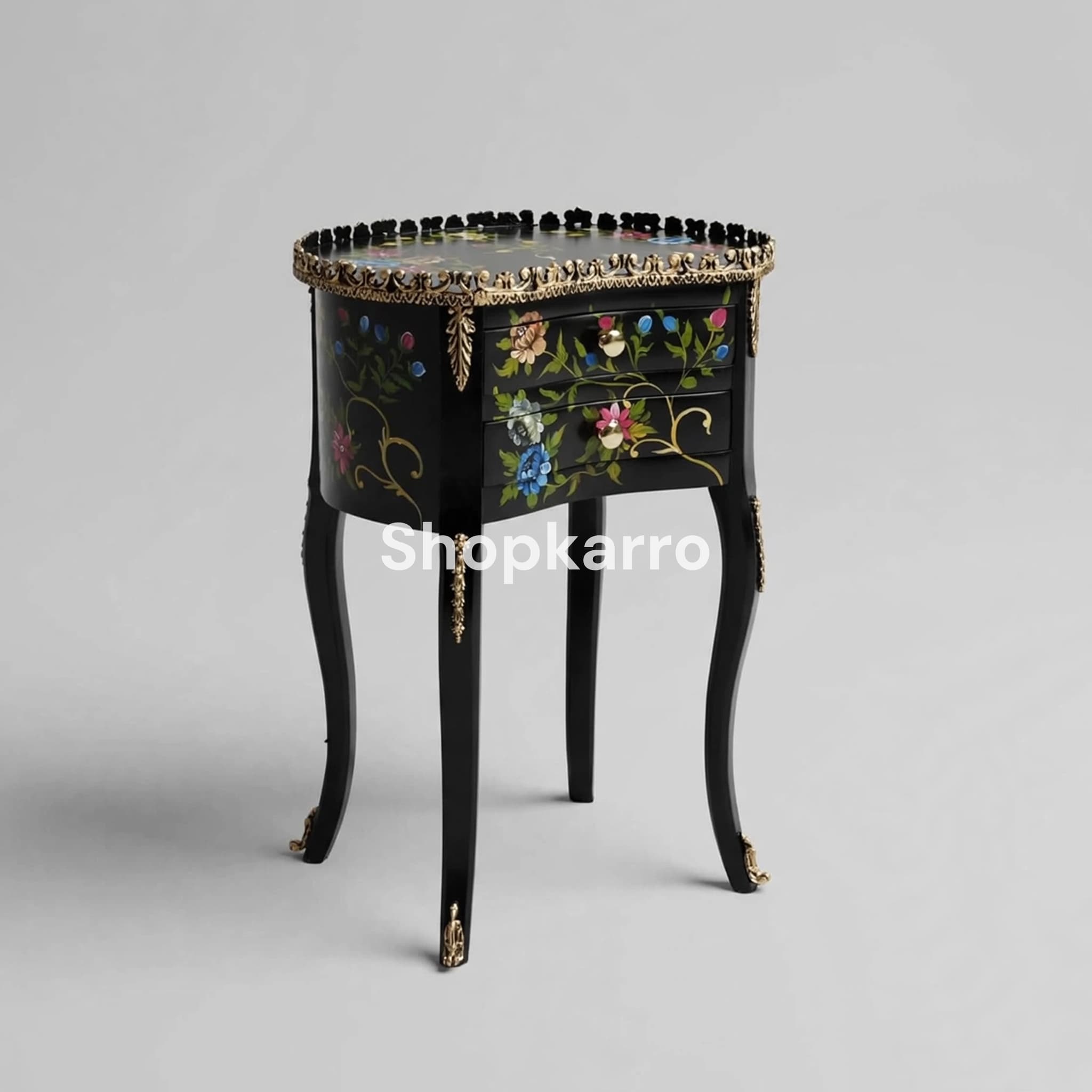 Angled view of Daisy Pearl Wooden Table showing full body floral painting depth and side panel