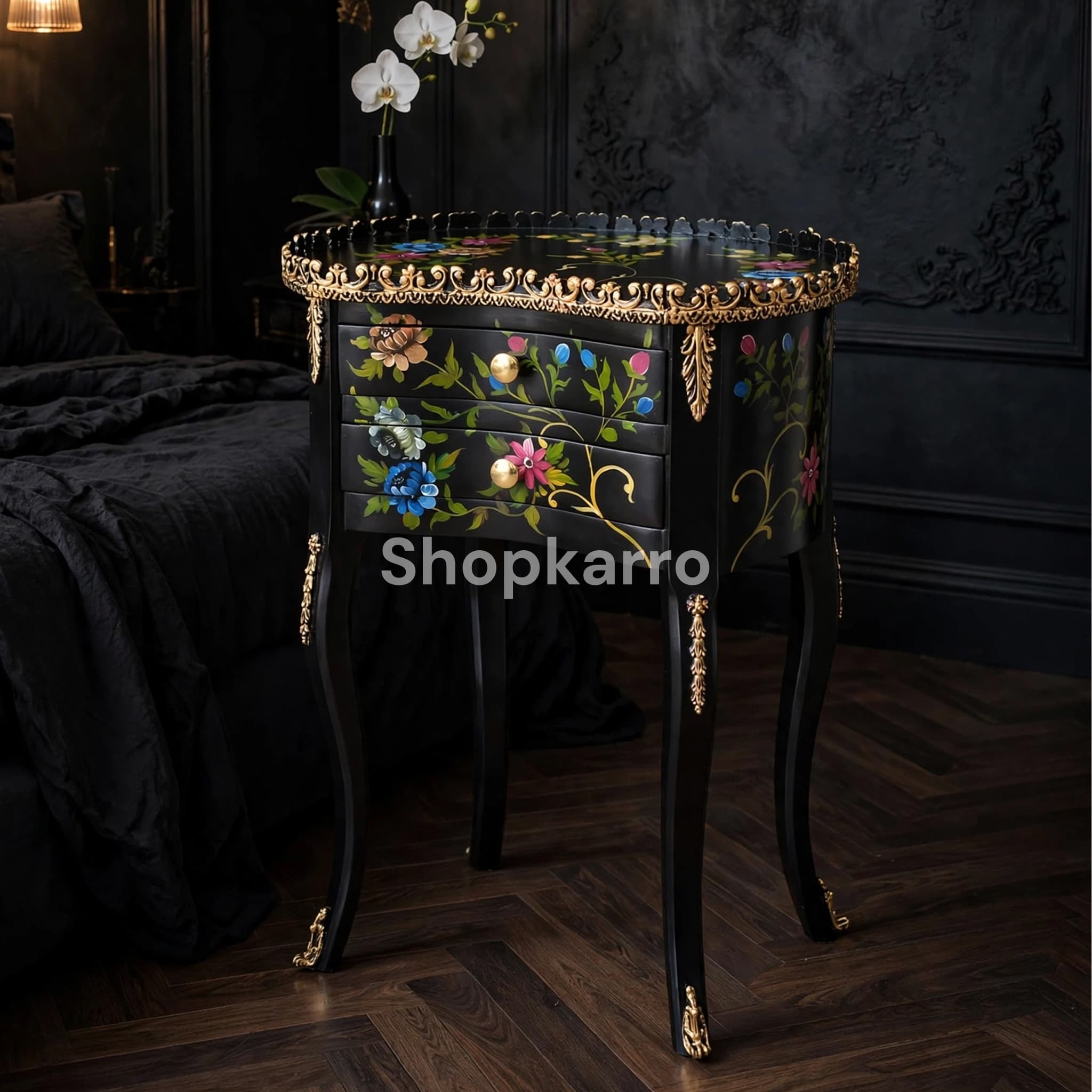 Front view of Daisy Pearl Wooden Table showing full colorful floral garden on black body and gold scrollwork border