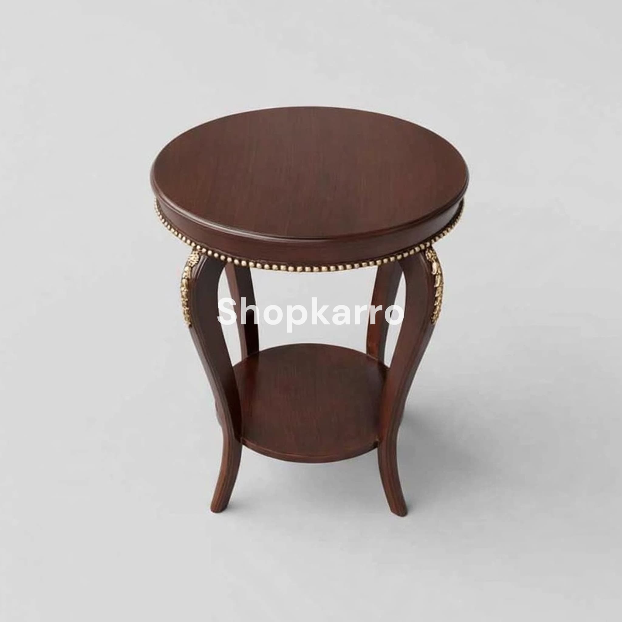 Overhead angled view of Zion Vintage French End Table showing round tabletop and lower shelf depth
