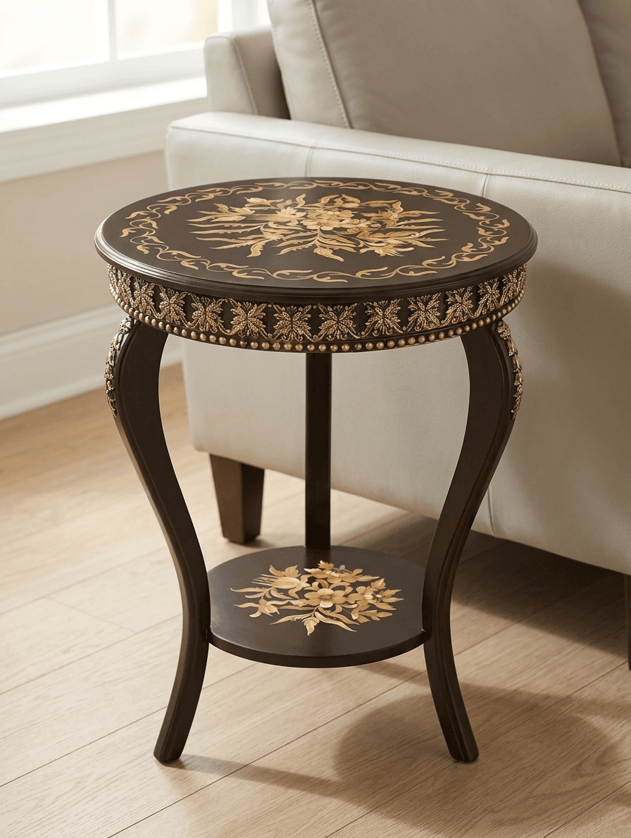 Meadow Muse End Table featuring hand-painted golden blossom design on the lower display shelf
