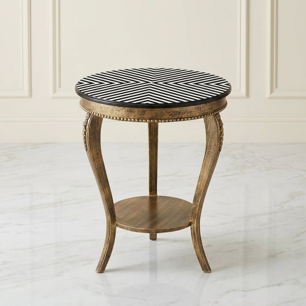 Zebra Chevron End Table featuring gold beaded trim and hand-carved cabriole legs