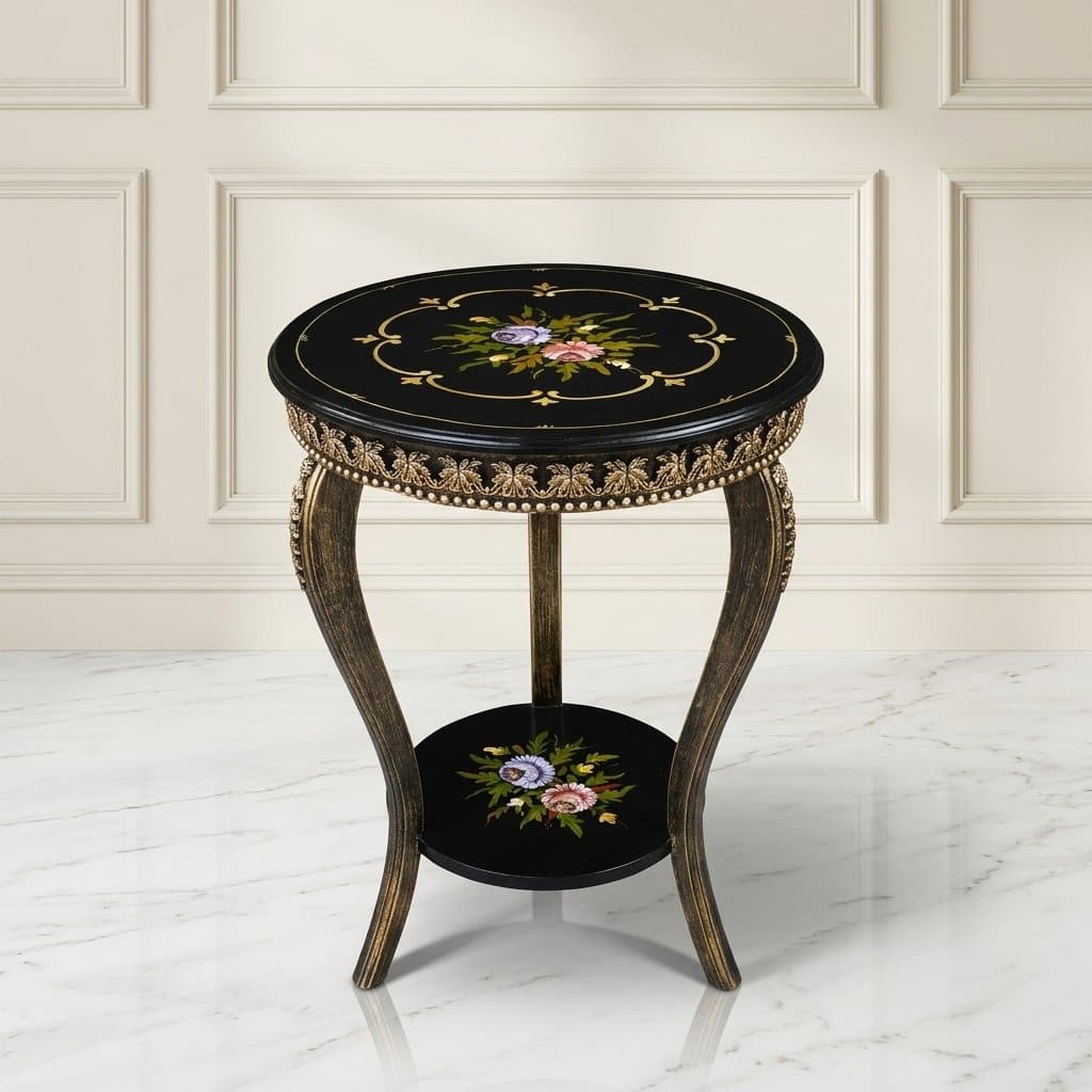 Versailles End Table featuring hand-painted floral bouquet on the lower display shelf