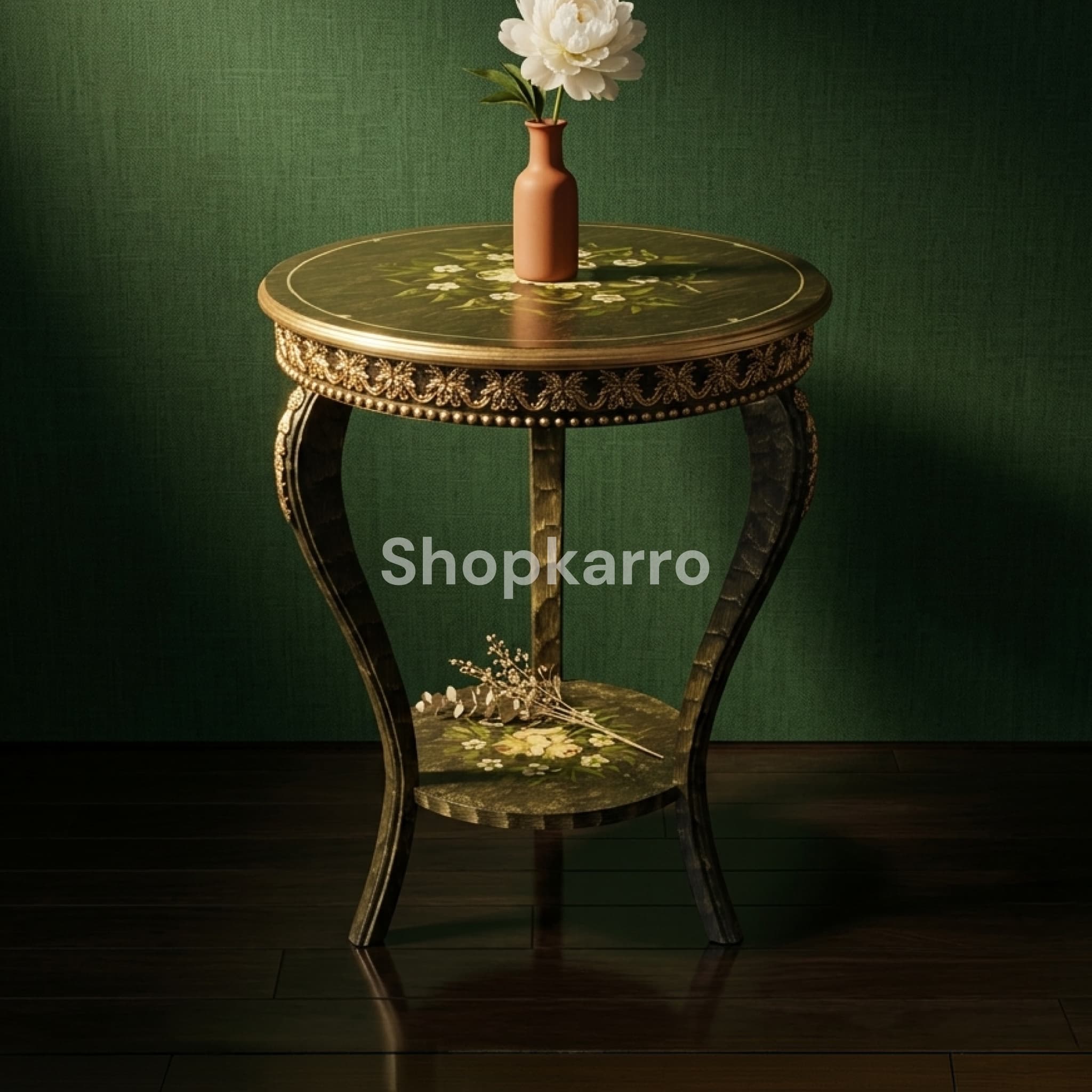 	Front view of Verdant Olive French End Table showing olive body, ivory floral top and gold acanthus trim