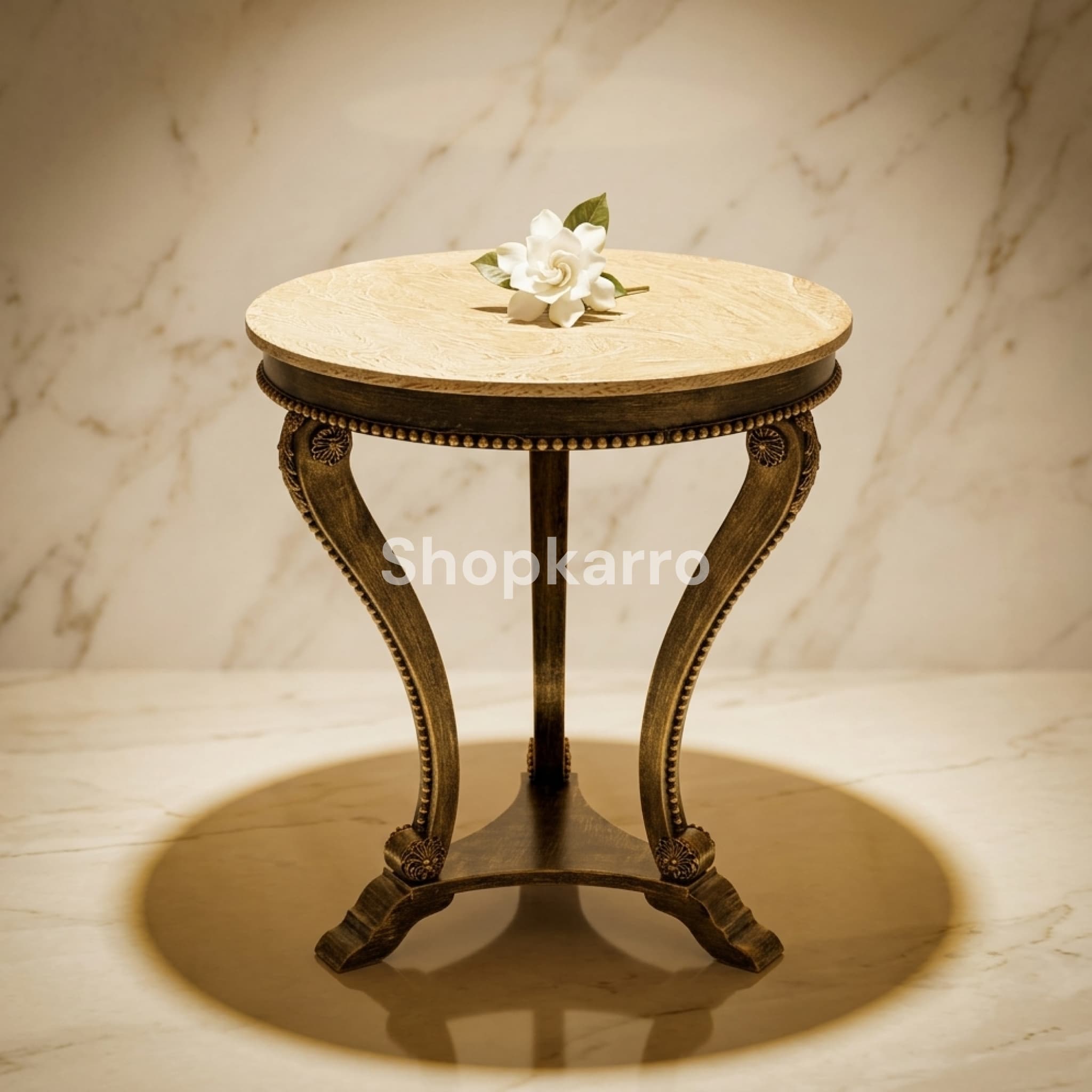 Ivory Swirl French Accent Table in luxury brochure photography on marble backdrop with warm spotlight