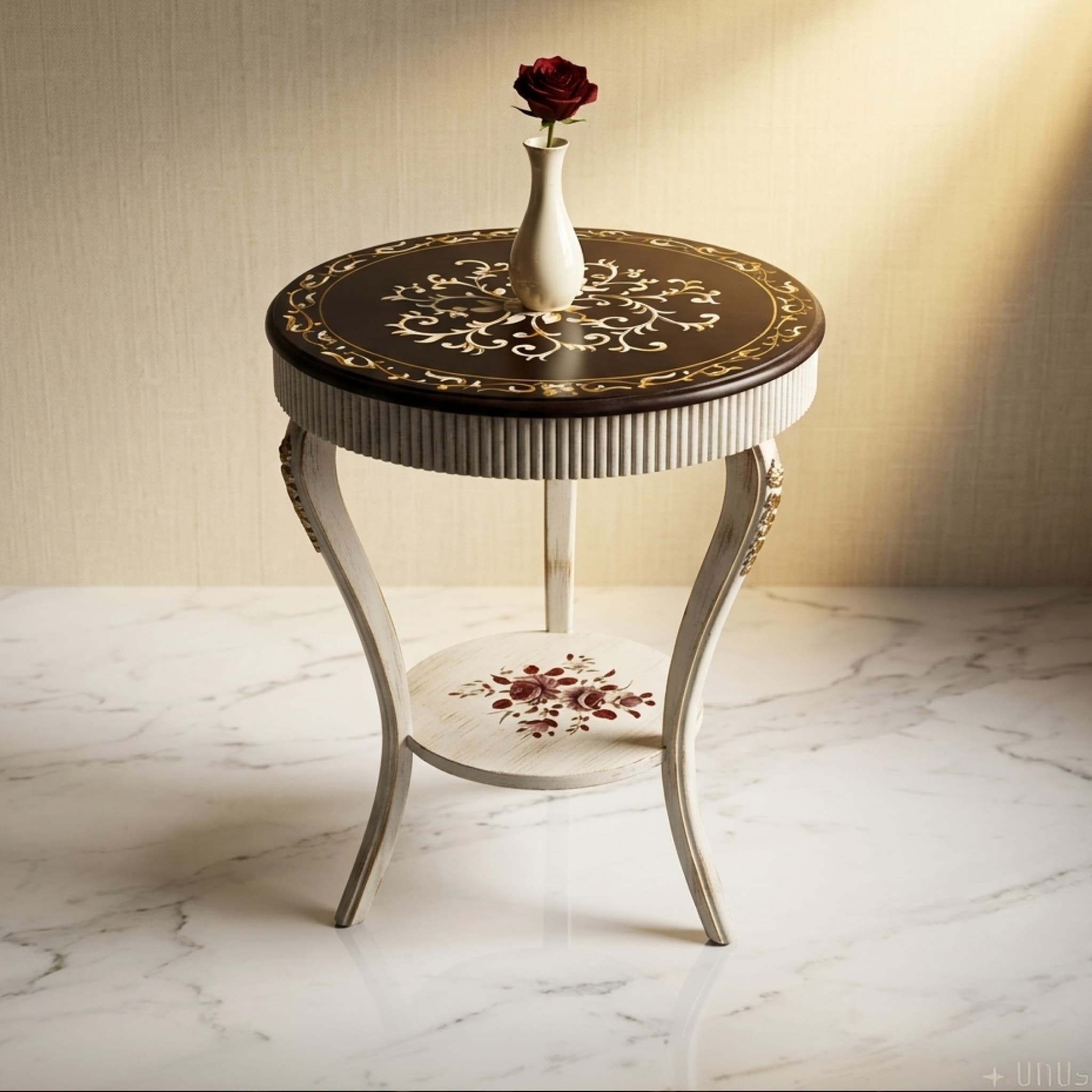 Second angle of Chateau Marquetry End Table showing dark espresso top and distressed ivory fluted apron