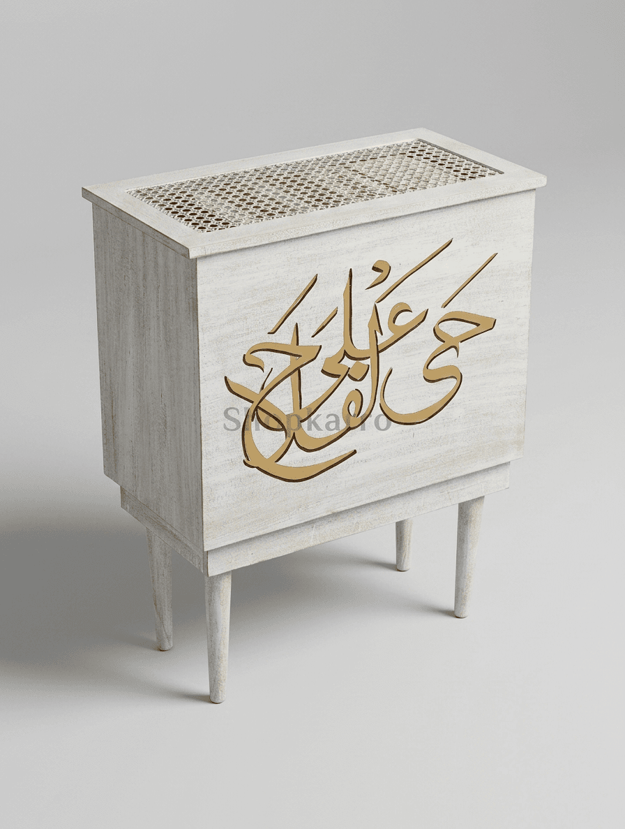 Whitewashed cane-top trunk styled with jaye namaz in cozy home setting