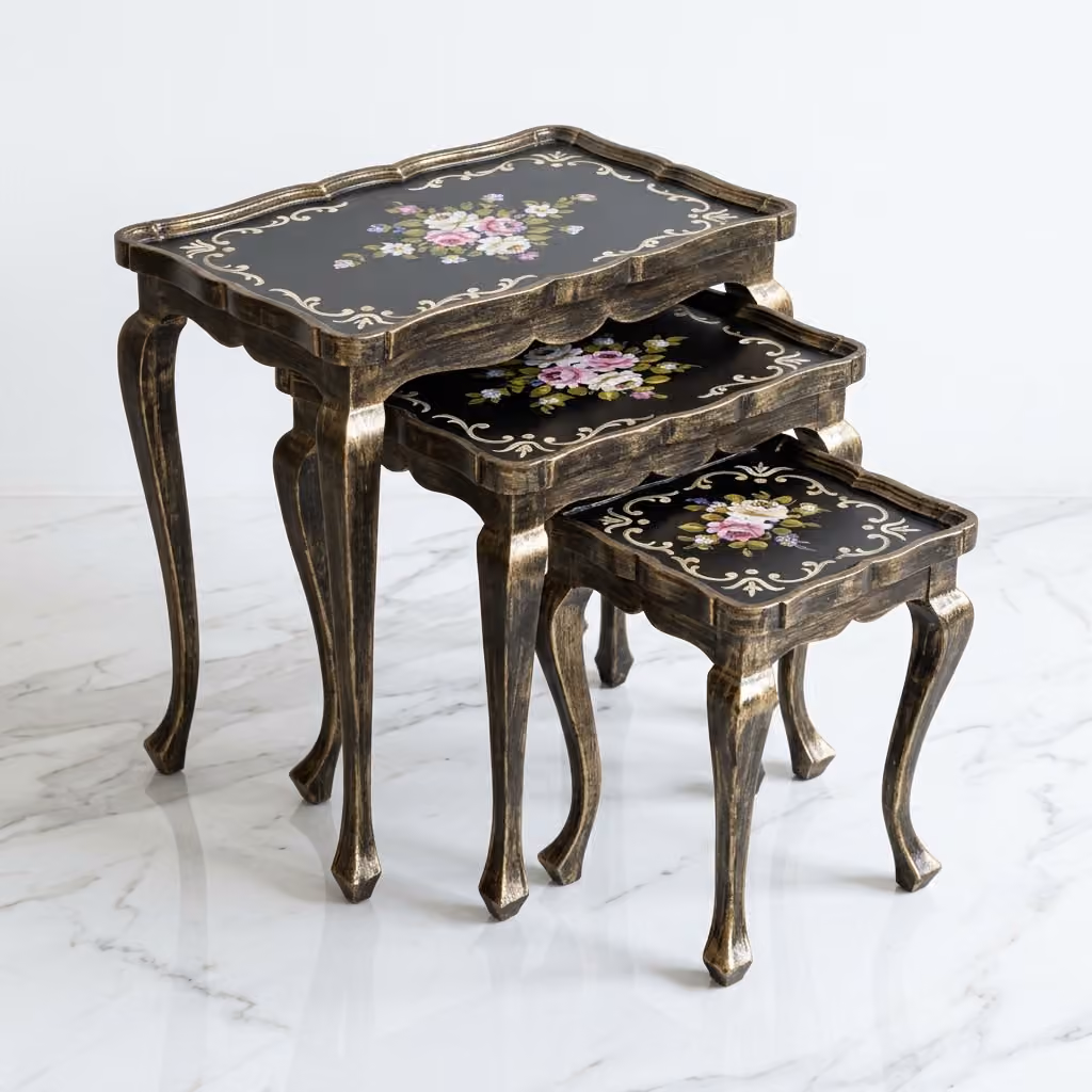 Close-up of hand-painted floral panel on antique black nesting side table