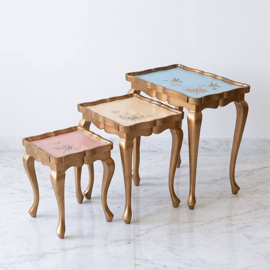 Close-up of hand-painted bird and floral design on Pastel Royale Nesting Table with antique gold trim
