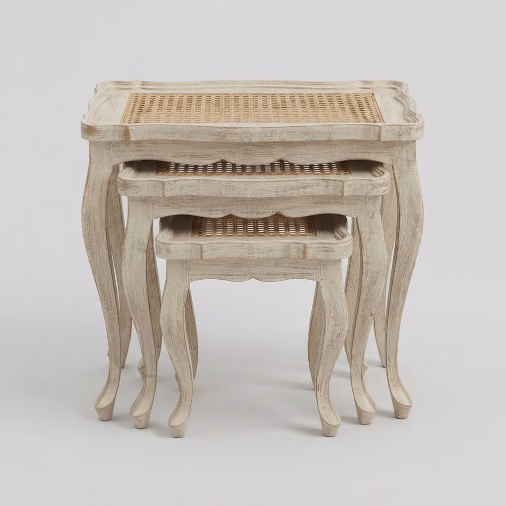 Close-up of natural woven cane mesh top on Nordic Cane Nesting Table with distressed white wood frame