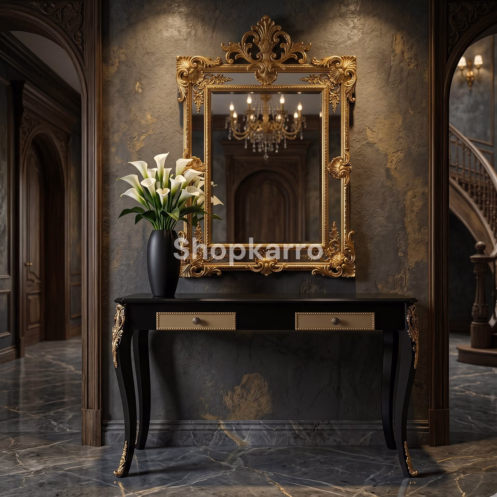 Luxury hand-painted console table featuring gold filigree leg detailing and nailhead trim drawers