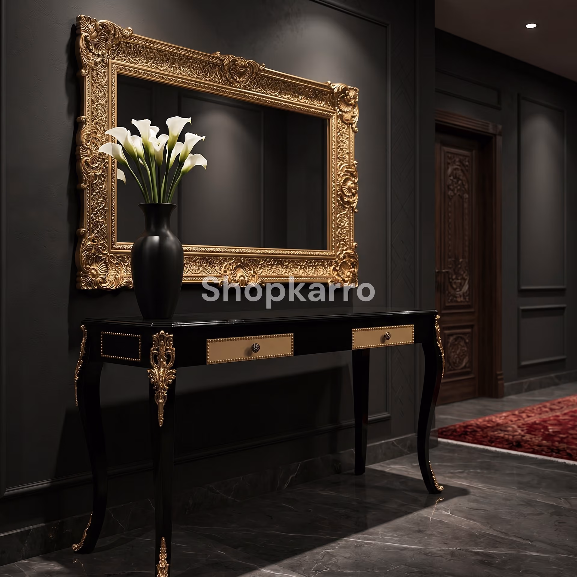 Elegant black console table with gold sabot accents – handcrafted wooden furniture by Shopkarro