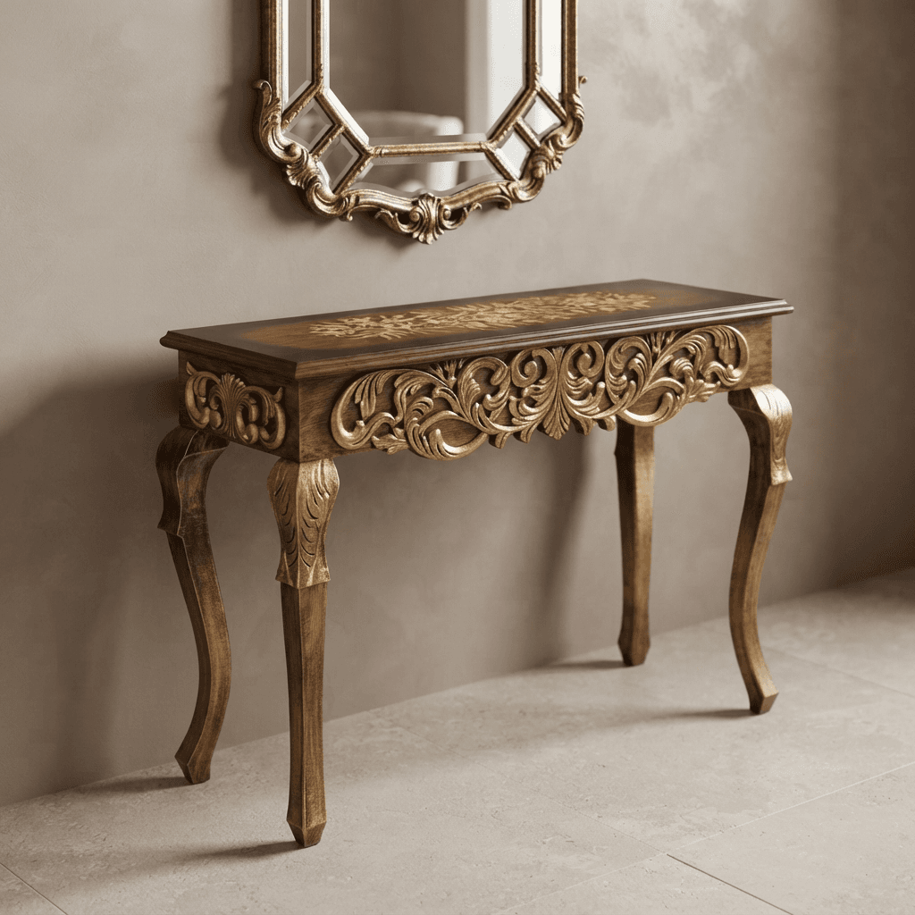 Luxury console table featuring ornate scrollwork apron and cabriole legs