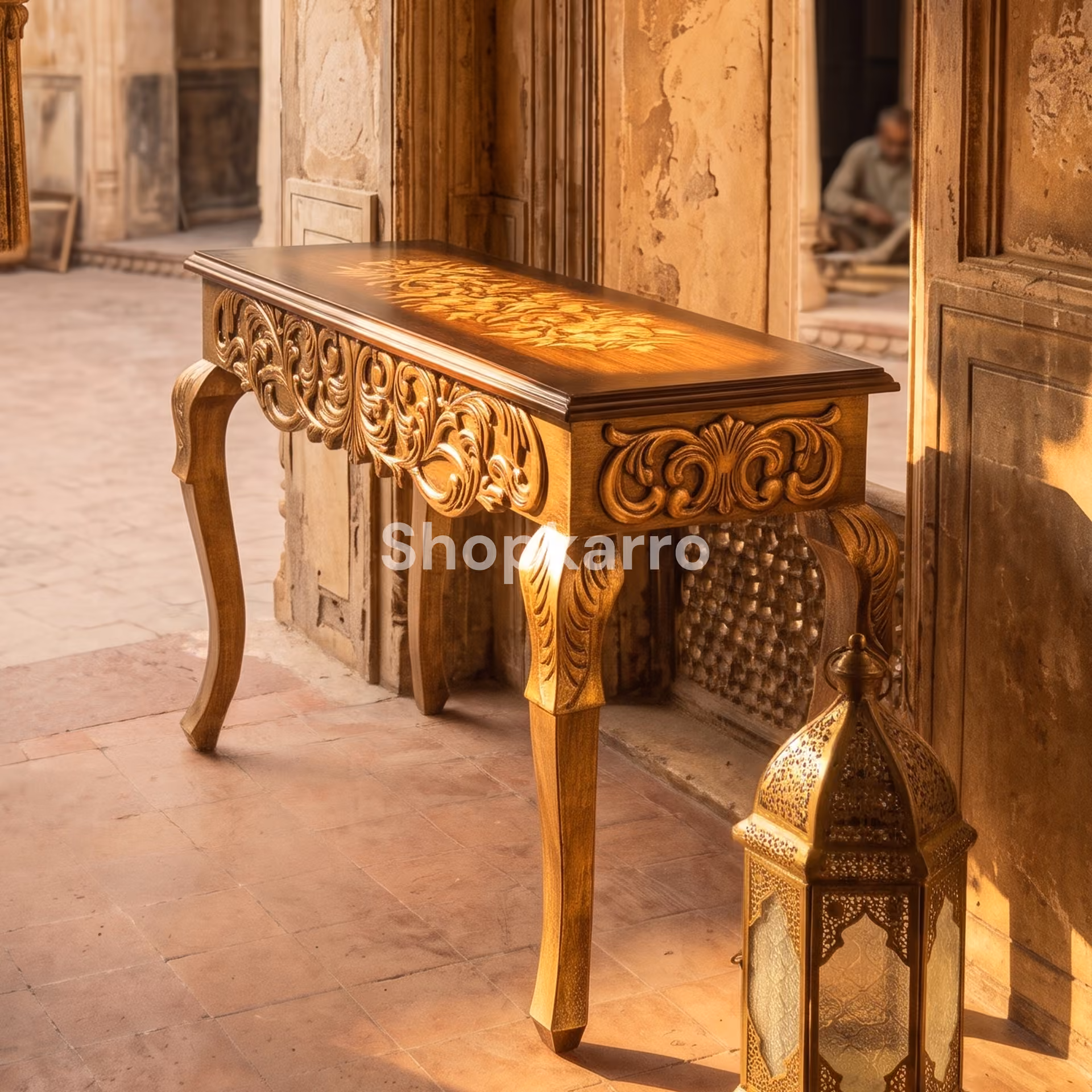  Hand-carved gold console table with natural walnut finish – Shopkarro Pakistan