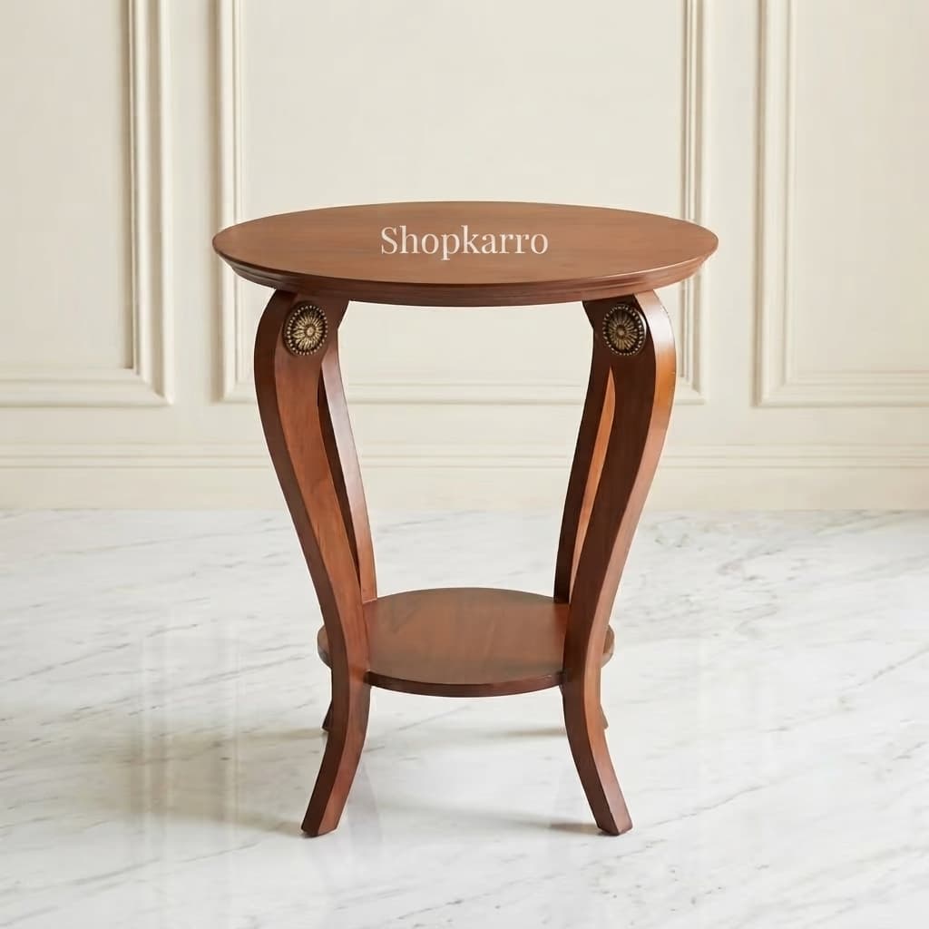 Handcrafted French-style walnut round side table with decorative medallion detailing