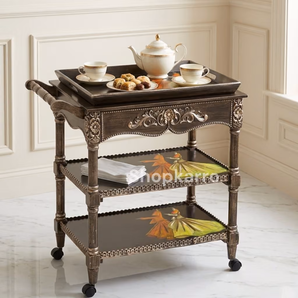 Rumi's Grace Wooden Tea Trolley – Removable Tray