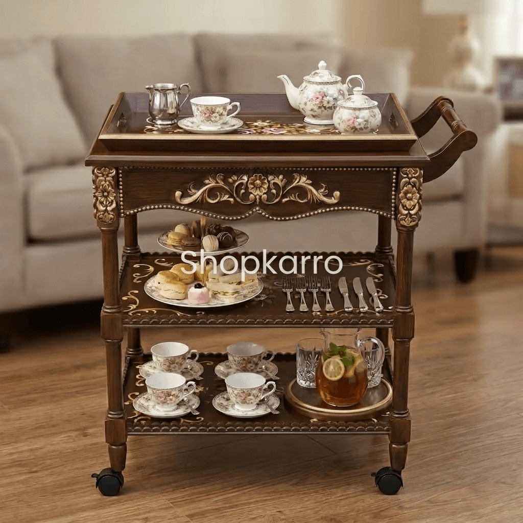 3-tier serving cart featuring gold scrollwork carving and floral detailing