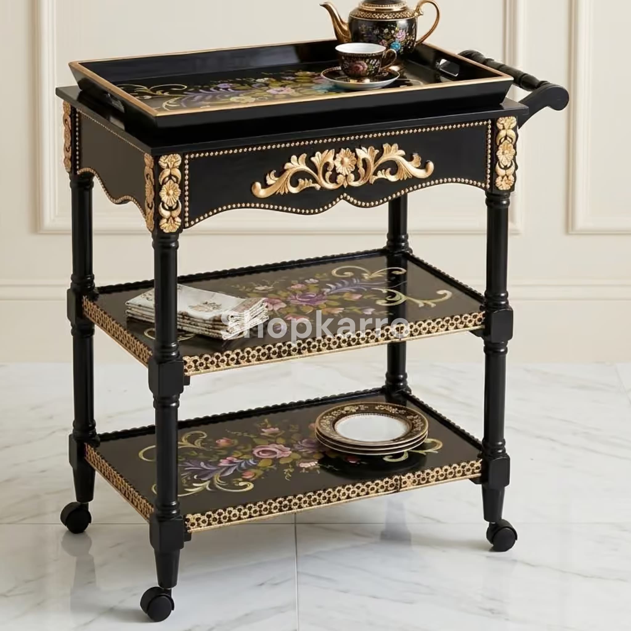 Midnight Blossom Wooden Tea Trolley – Removable Tray