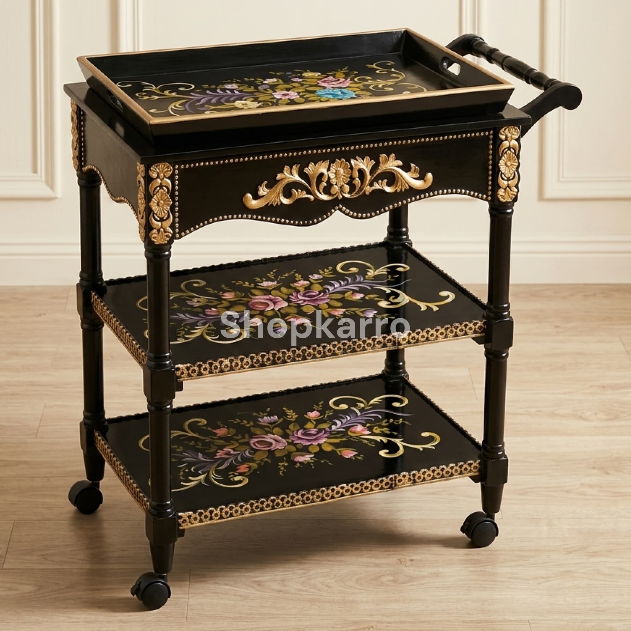 Midnight Blossom wooden tea trolley with removable tray – Shopkarro