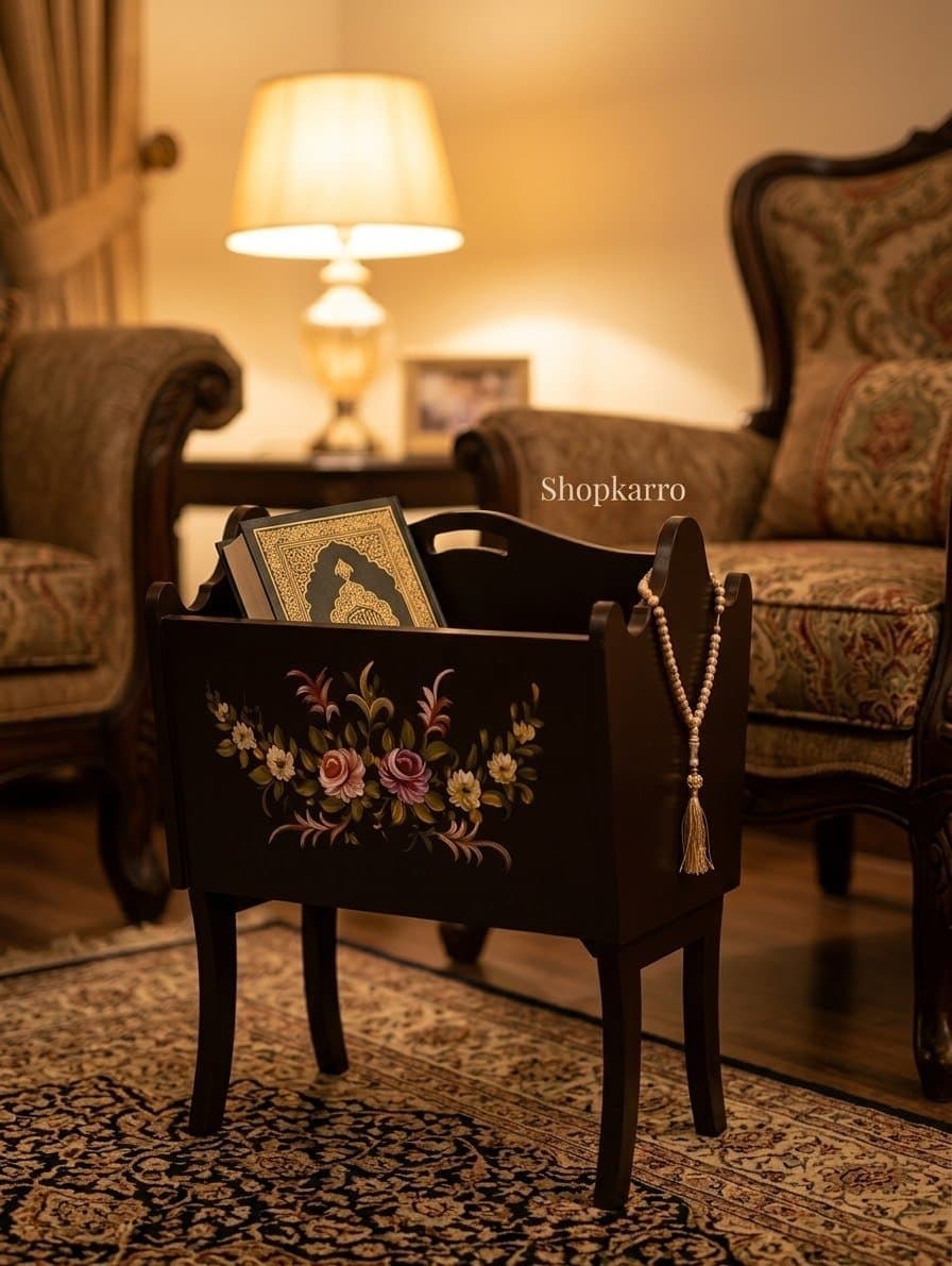 "Black Gold prayer box featuring intricate golden flower designs - decorative Islamic namaz storage stand in home environment"