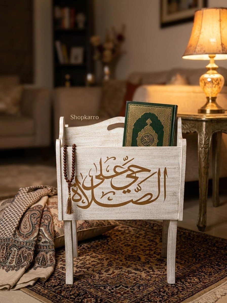 "Calligraphy Jaye handcrafted namaz box with traditional Islamic script in warm lighting, perfect prayer mat and Quran storage"