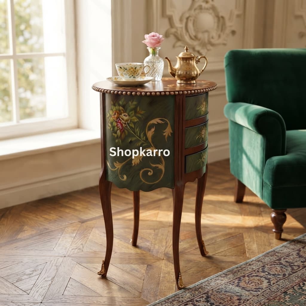 "Royal Atelier Wooden Table cabriole legs with gold-capped feet and burgundy wood frame