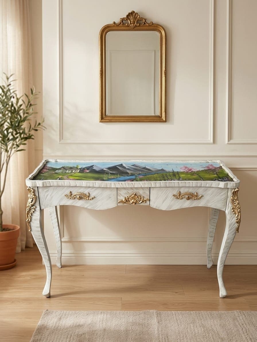 Rococo-style wooden console table featuring scenic mountain cottage painting with ornate gold handles and curved legs